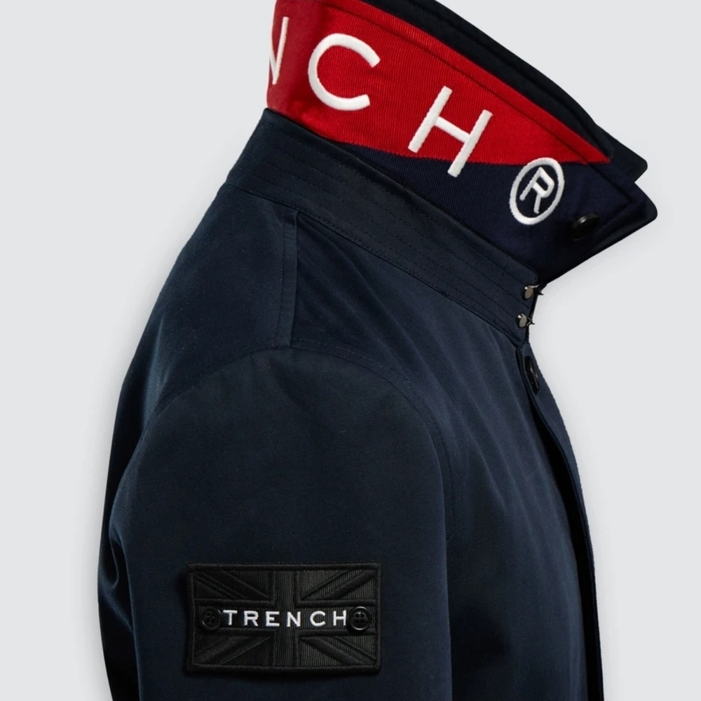 Trench London Men's Navy Coat with Red Collar